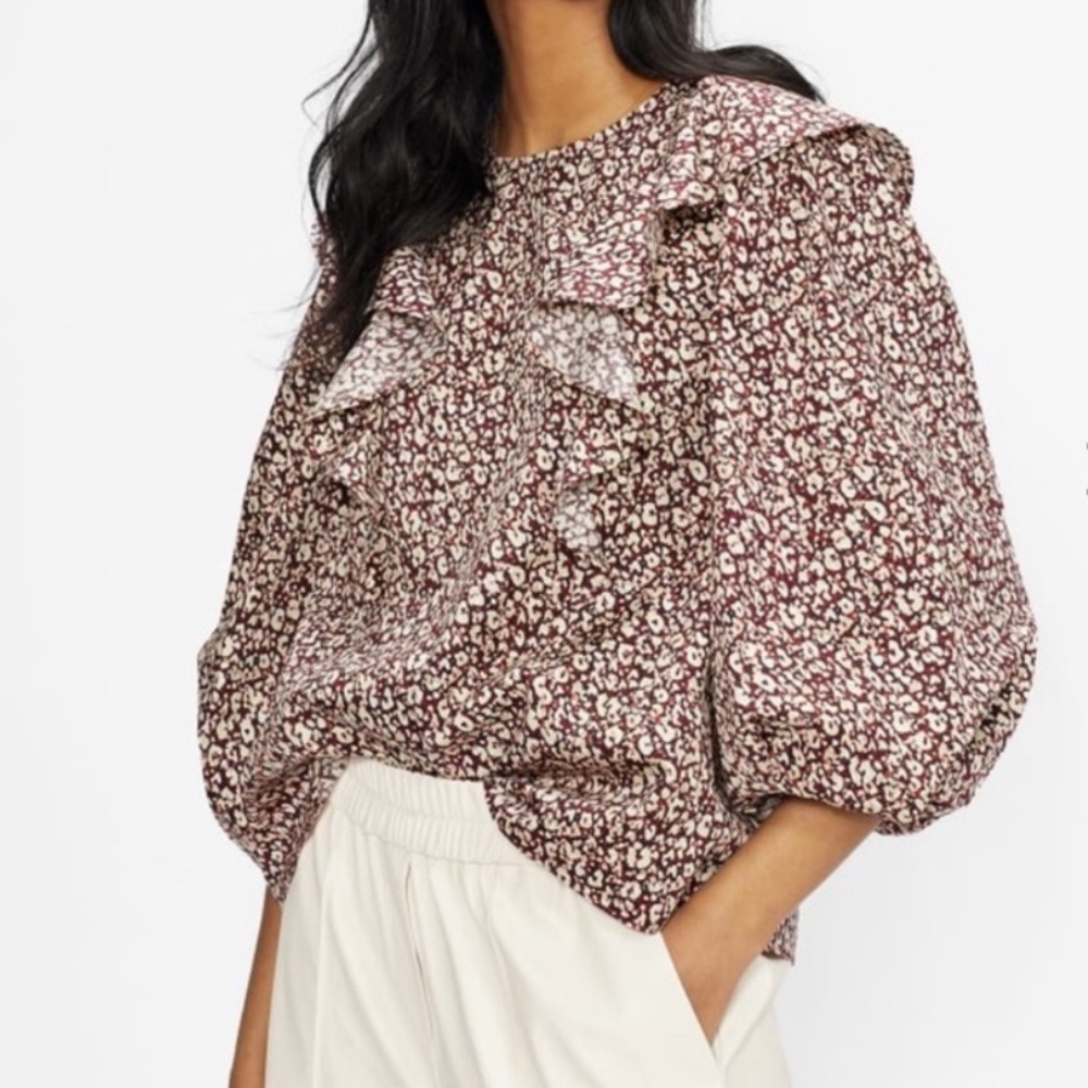 NWOT Ted Baker London Sanjaa Frill Top Long Balloon Sleeve Blouse US 4 Cotton